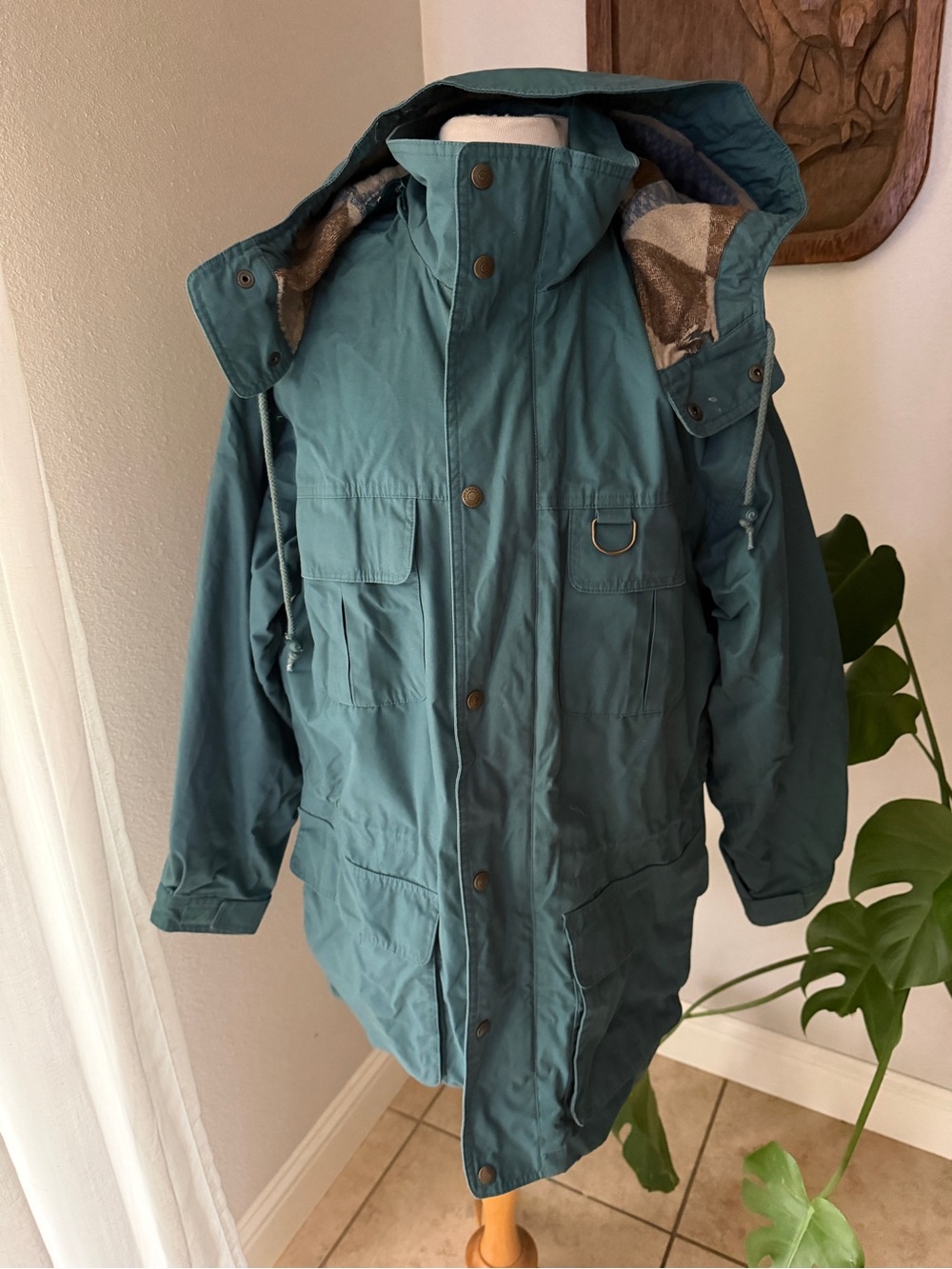 Vintage Eddie Bauer Men’s Medium Teal Hooded Parka Wool Blend Lined Jacket